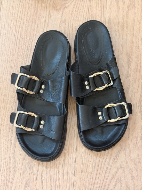 Tony Bianco Shoes - Tony Bianco Black Leather Double-Buckle Slide Sandals with Gold Hardware